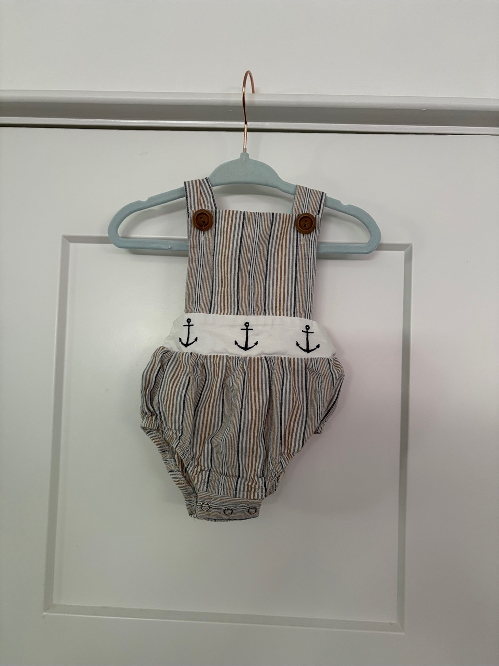 My Three Boys By Evie’s Closet Striped Anchors Baby Romper - Beige & Navy